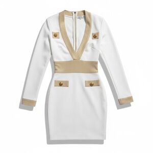 White and Gold V-Neck Long Sleeve Dress